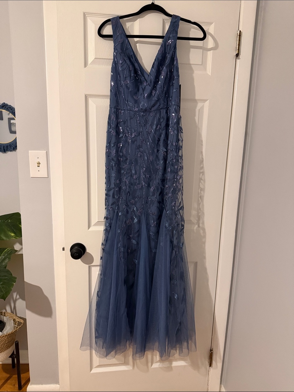 Embellished Deep V Tulle Evening Gown - Dusty Blue